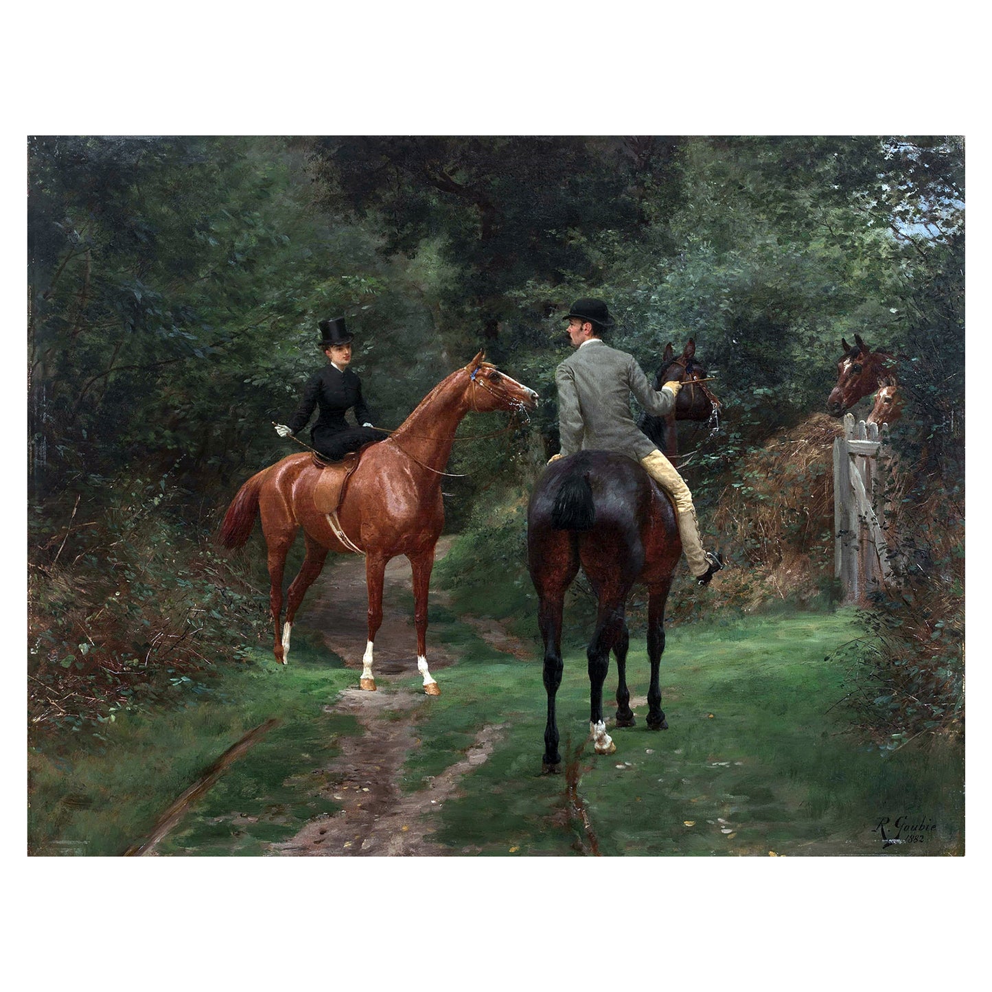 1013-28 A Pair of Riders in a Clearing - Jean Richard Goubie, 1882