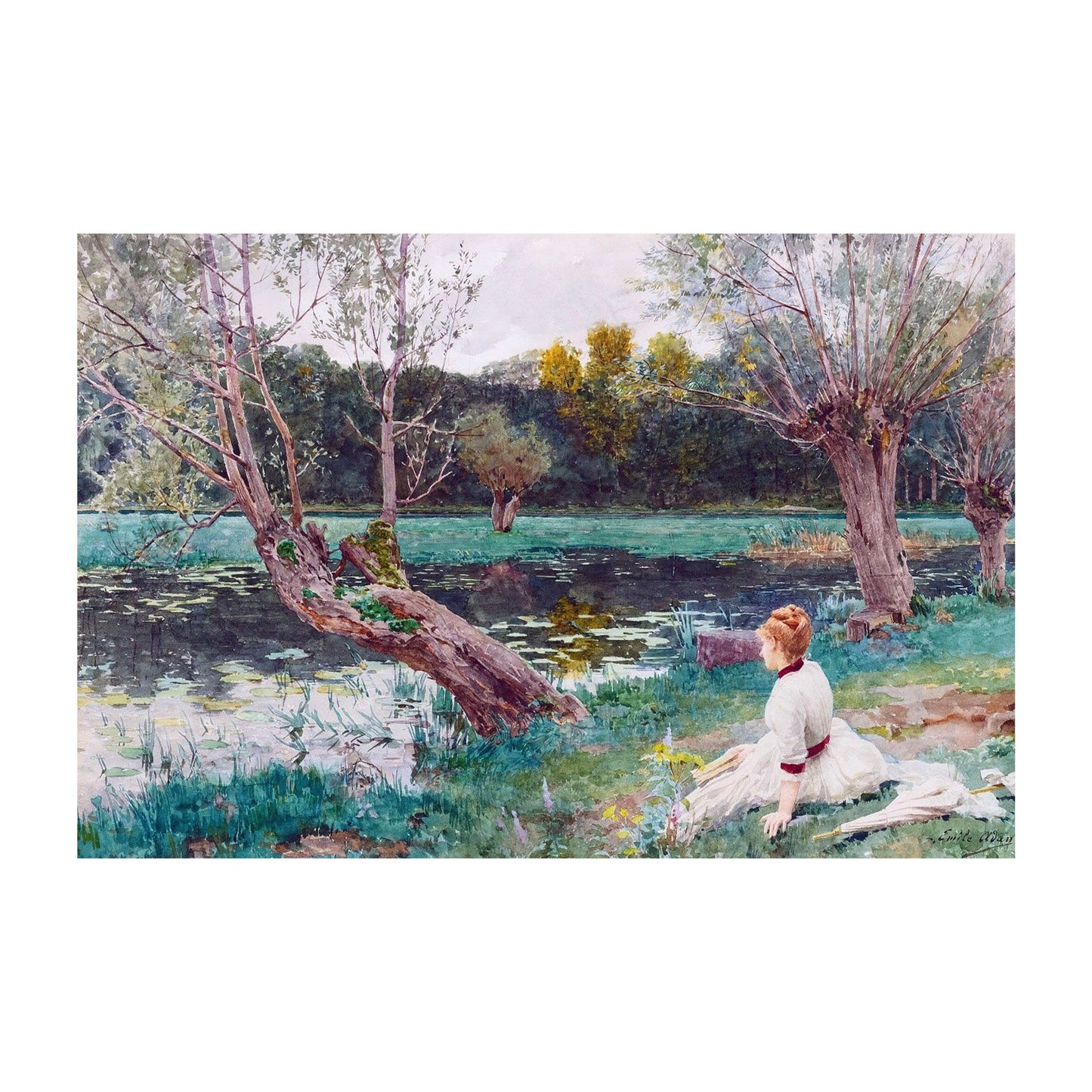 1015-70 Young Girl By a Pond - Louis Emile Adan