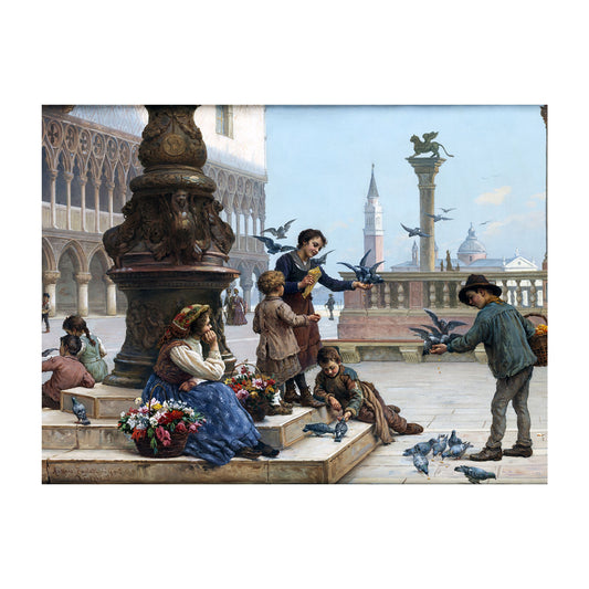 Children Feeding Pigeons in Venice - Antonio Ermolao Paoletti