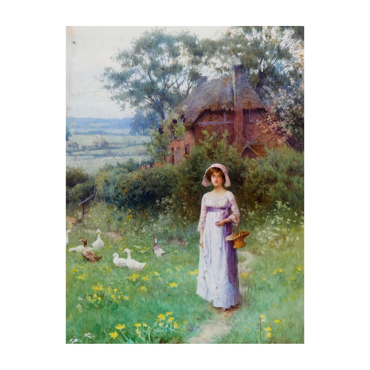 Girls and Geese in a Garden Before a Thatched Cottage - William Affleck